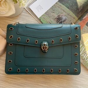 Bvlgari Green Leather Medium Studded Serpenti Forever Flap Shoulder Bag